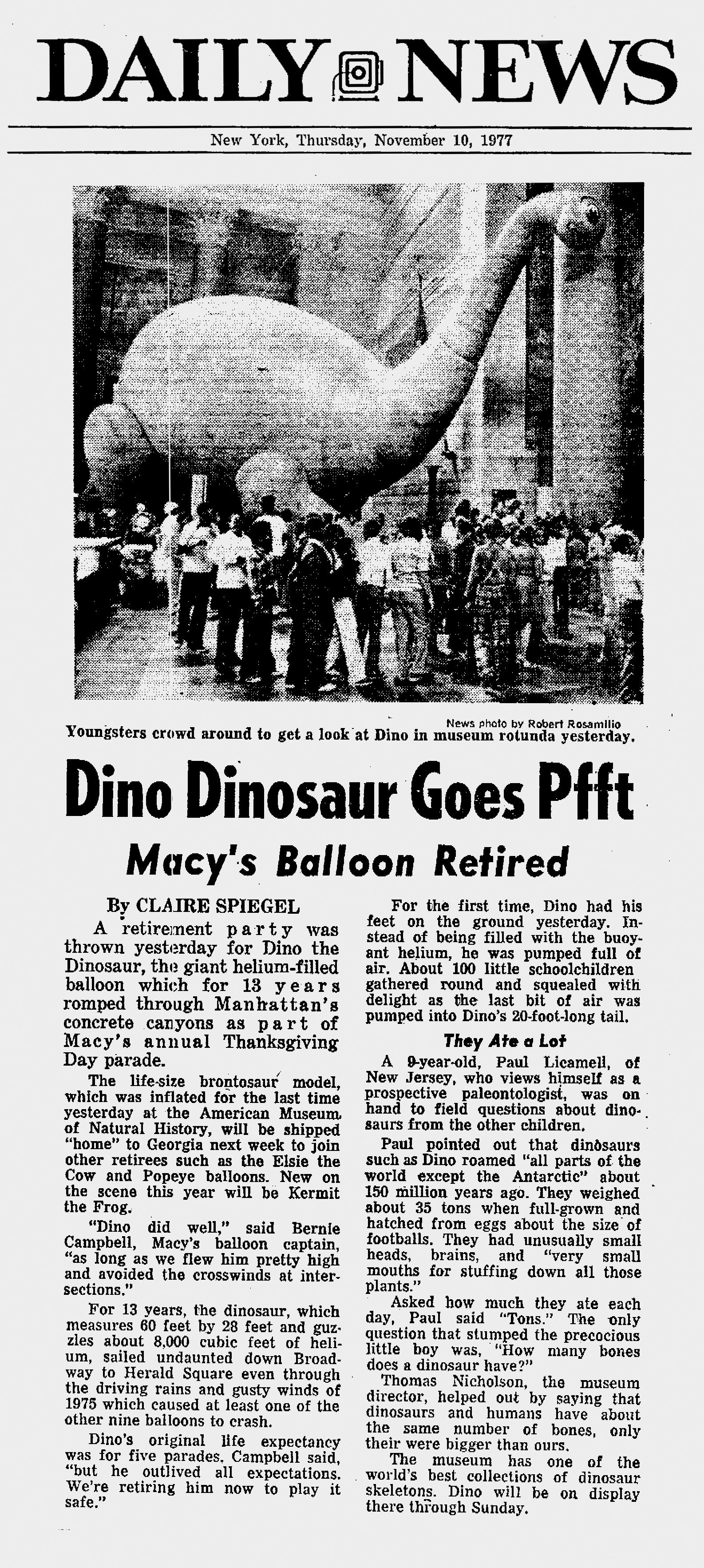 Sinclair Oil Macy's ballon retirement newspaper article