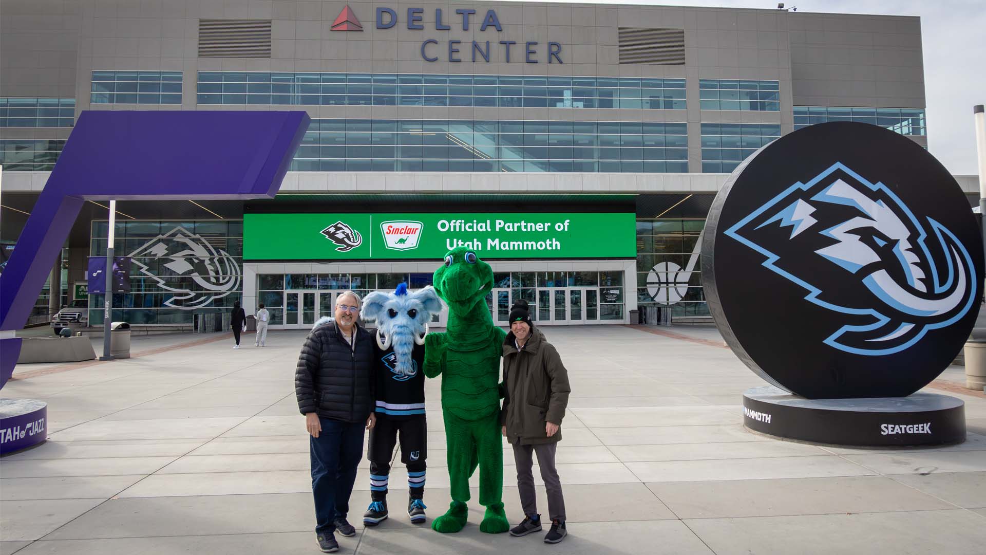 Dino, Tusky and friends in front of Delta Center