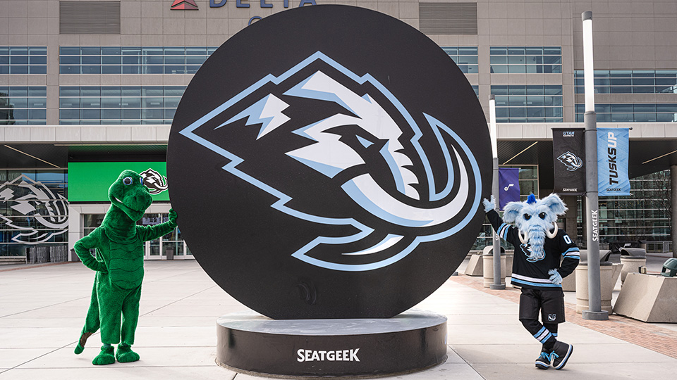 Dino and Tusky in front of the Delta Center