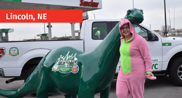 Person posing with DINO in Lincoln, NE