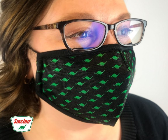 Photo of woman wearing Sinclair DINO facemask